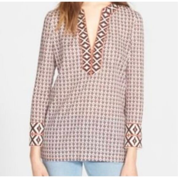 Tory Burch Boho Peasant Collar Lightweight Cotton 70s Pattern Long Sleeve Blouse - Picture 1 of 11